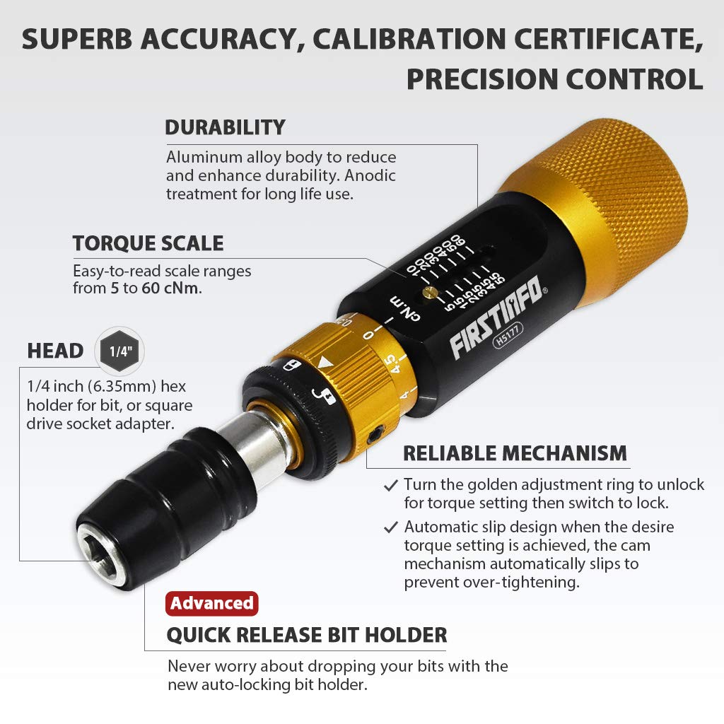 Certified Torque Limiting Screwdriver, 5-60 cNm, 1/4" Hex W6045