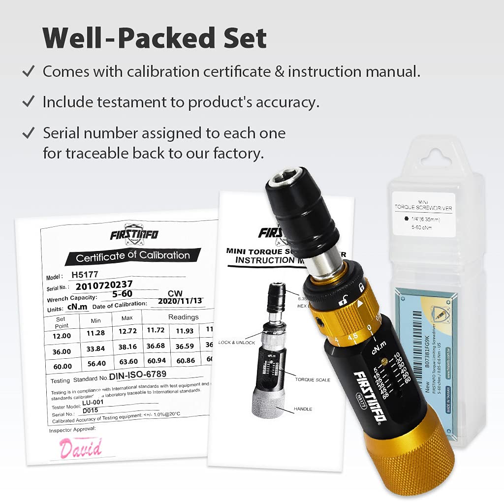 Certified Torque Limiting Screwdriver, 5-60 cNm, 1/4" Hex W6045