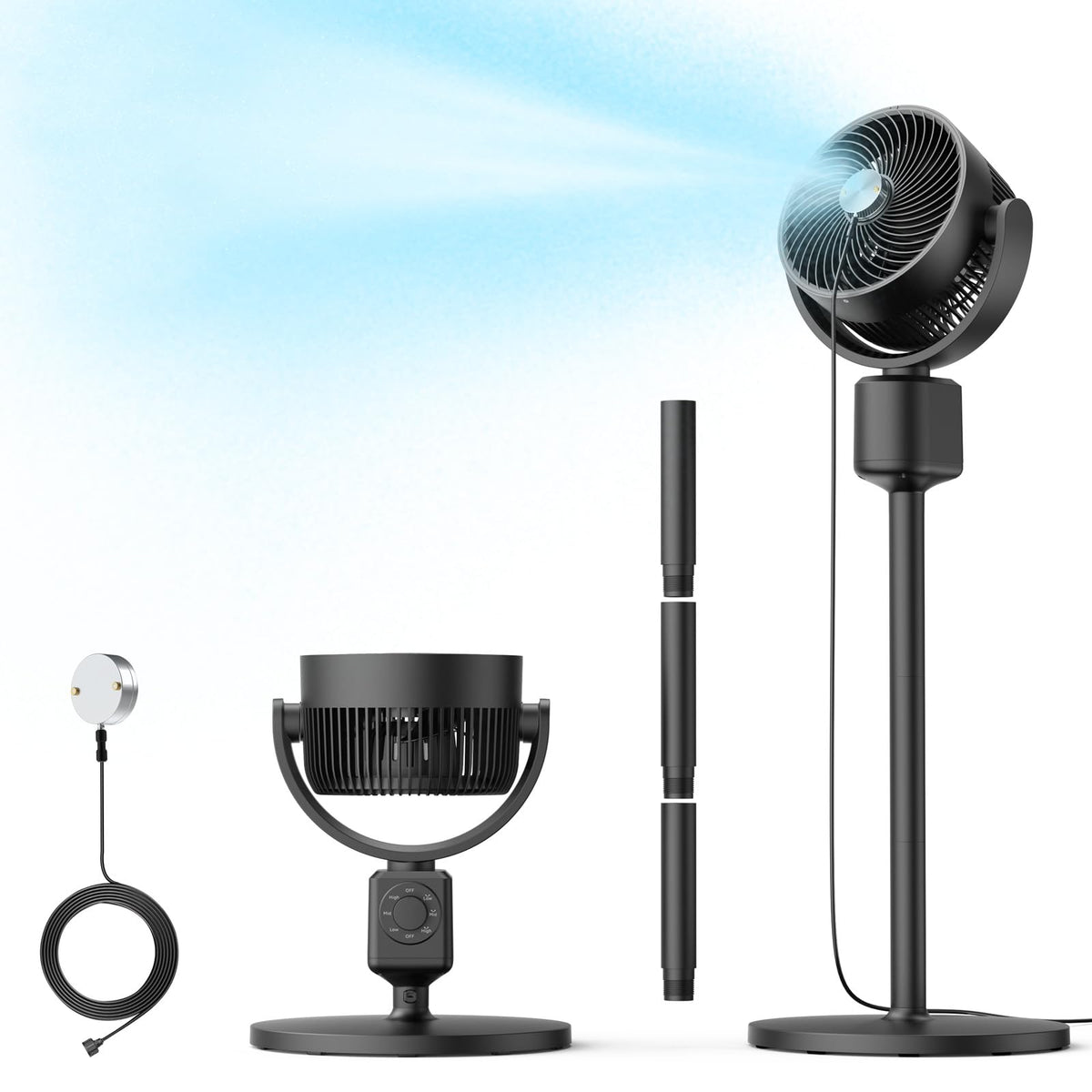 Compact Misting Pedestal Fan with Magnetic Mister, Quiet Air Circulator Standing Fan, 16-34" Adj. Height, 70°Auto-Oscillation, 3 Speeds C4347