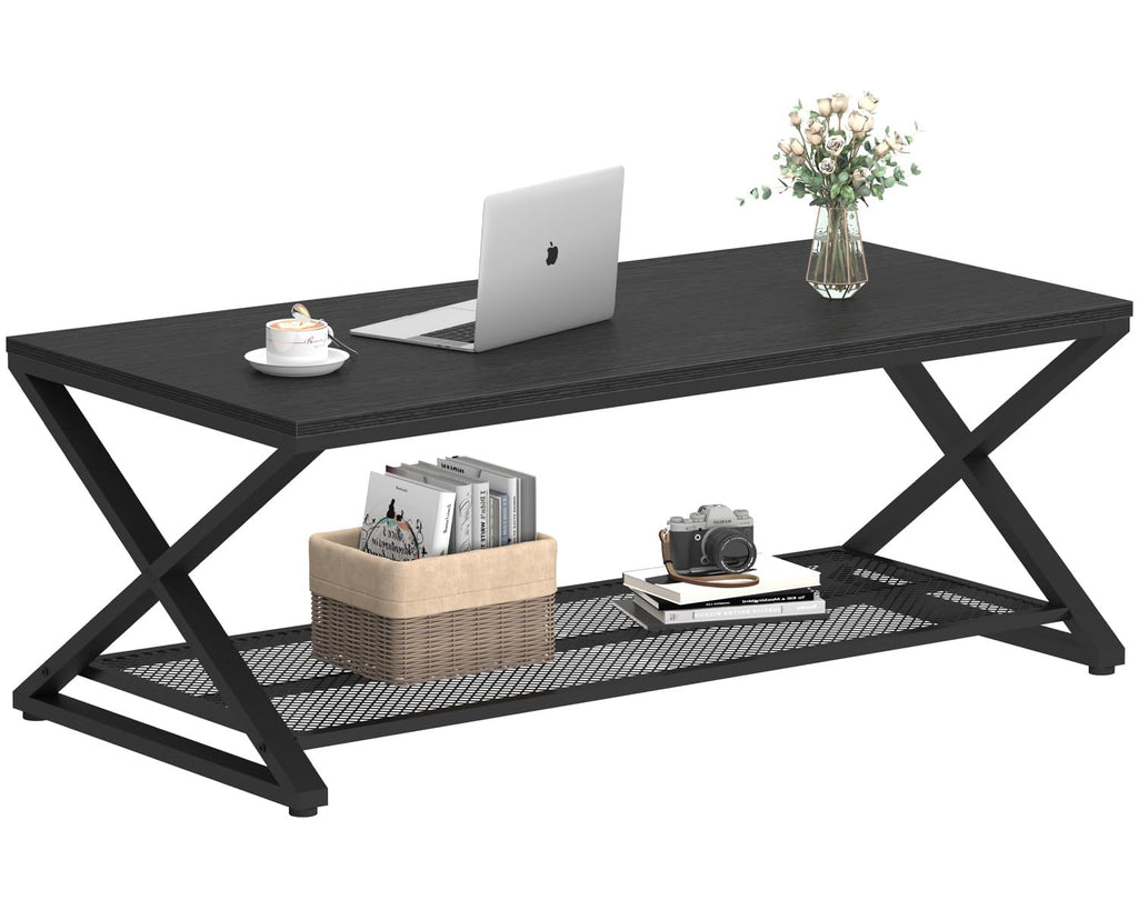 Black 2 Tier Wood Coffee Table with Storage M2574