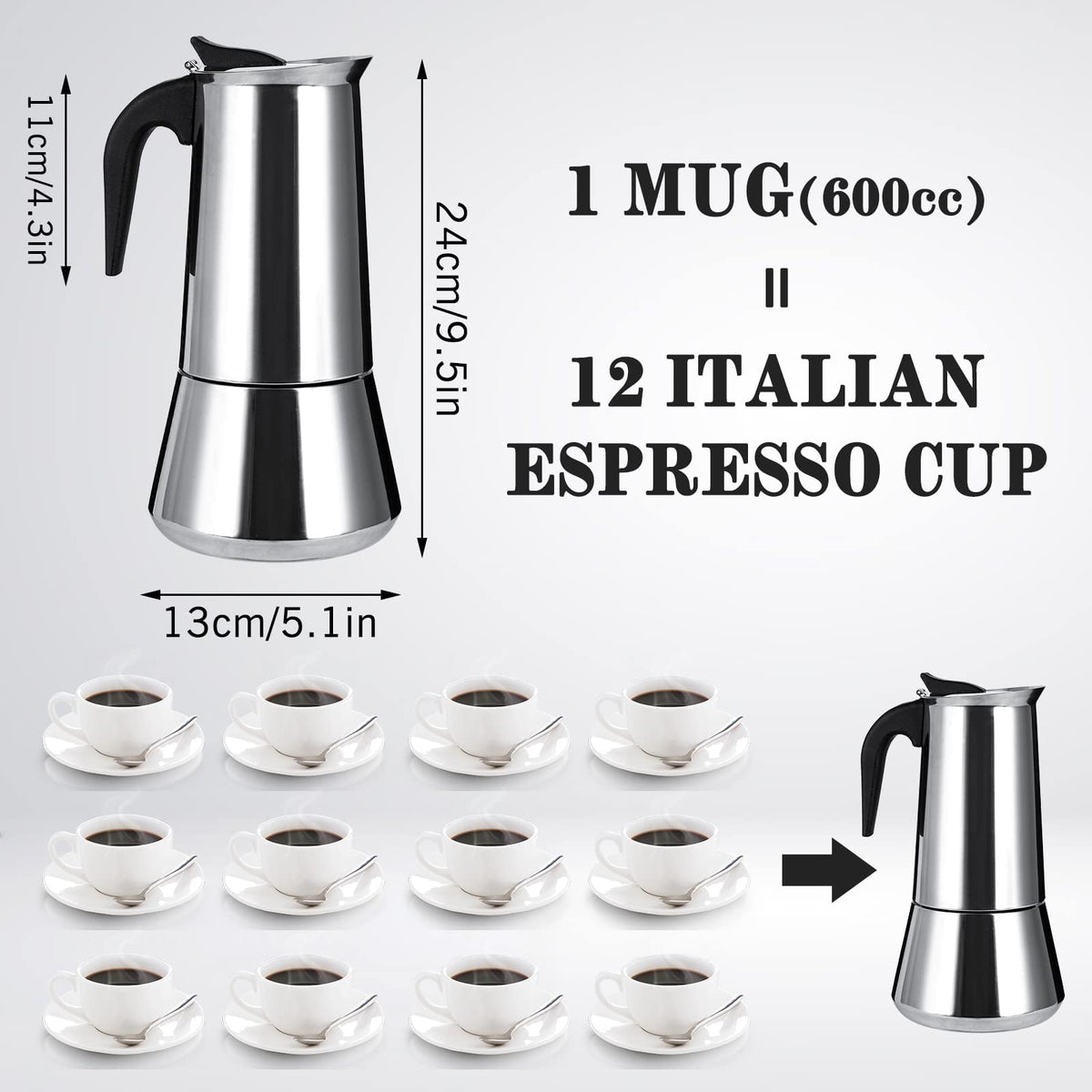 Stainless Steel Stovetop Moka Pot Espresso Maker 12 Cup 600ml D532214