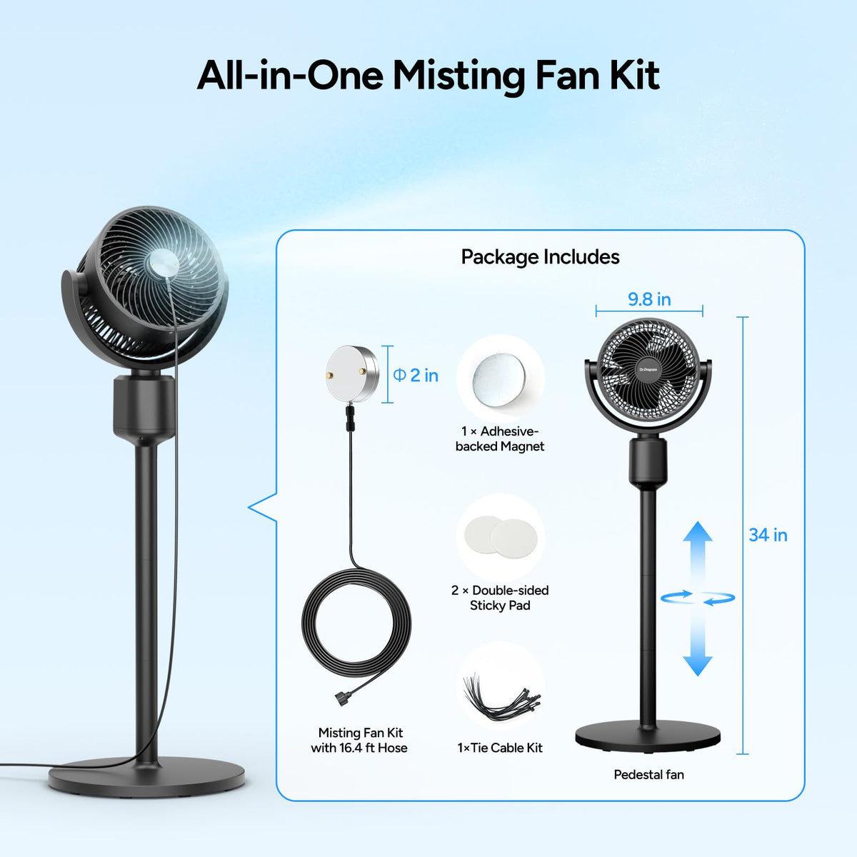 Compact Misting Pedestal Fan with Magnetic Mister, Quiet Air Circulator Standing Fan, 16-34" Adj. Height, 70°Auto-Oscillation, 3 Speeds C4347