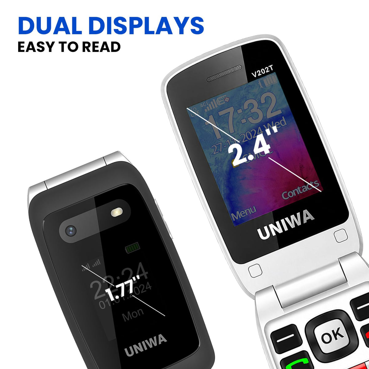 4G Flip Phone Unlocked with Dual Screen, SOS Button, Big Fonts, Camera, Bluetooth, FM Radio, 1450mAh Battery H795