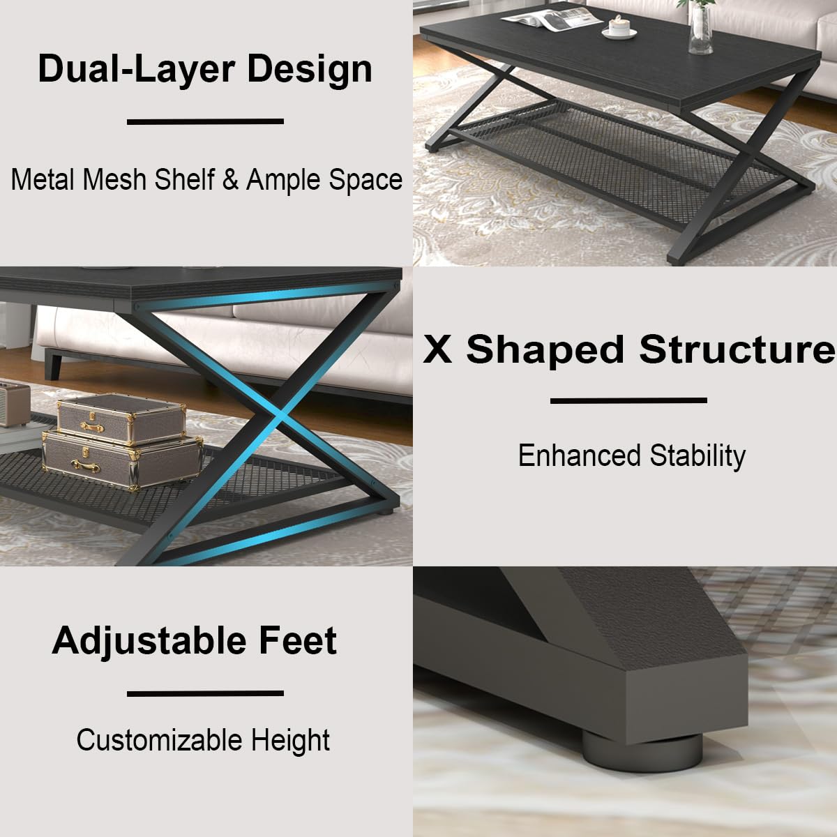 Black 2 Tier Wood Coffee Table with Storage M2574