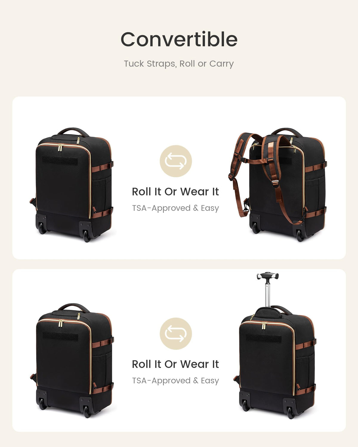 Rolling Backpack with Wheels, 17 Inch 57L Water Resistant F2554
