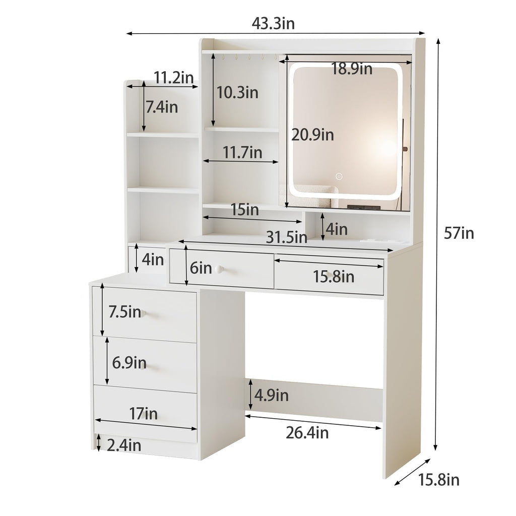White Vanity Desk with Lighted Mirror and 6 Drawers H8674
