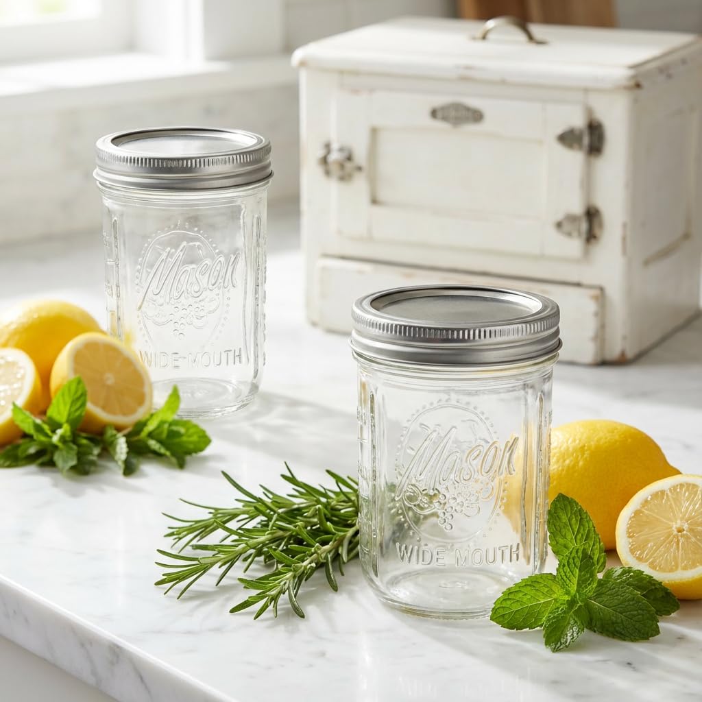 12 Pack 16 oz Wide Mouth Glass Mason Jars with Lids E2734