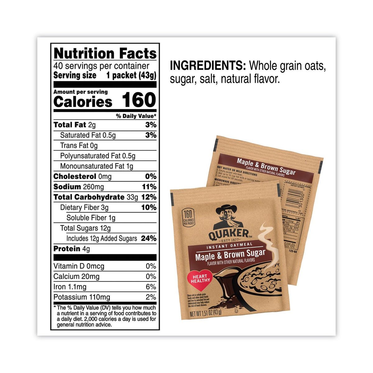 Instant Oatmeal Cereal, Maple and Brown Sugar, 40-1.51 oz packets X253832