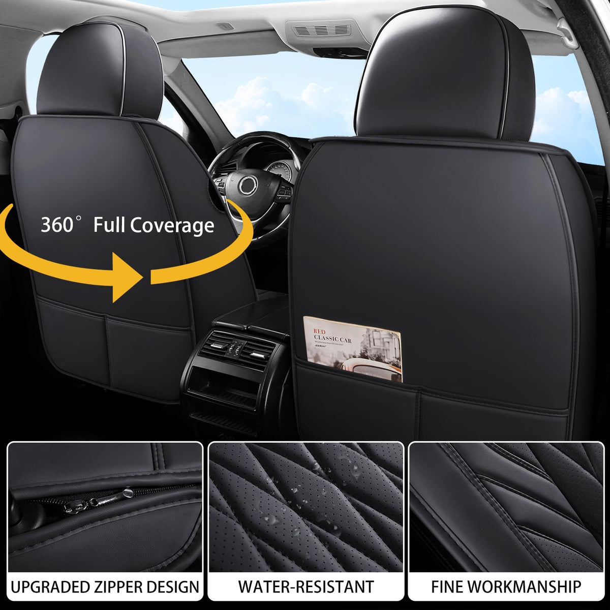 Black Faux Leather Car Seat Cover Full Set Z4329
