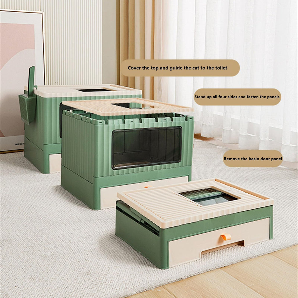 Top Entry Cat Litter Box with Lid Foldable Green M621039