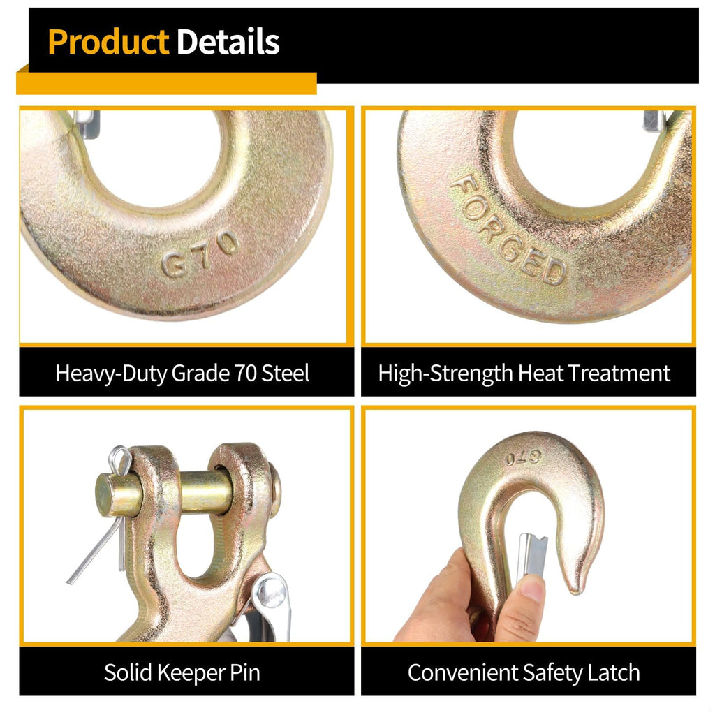 4 Pack 3/8-Inch Grade 70 Steel Clevis Slip Hooks with Safety Latch Y357