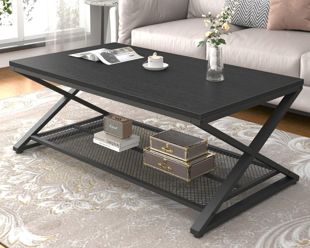 Black 2 Tier Wood Coffee Table with Storage M2574