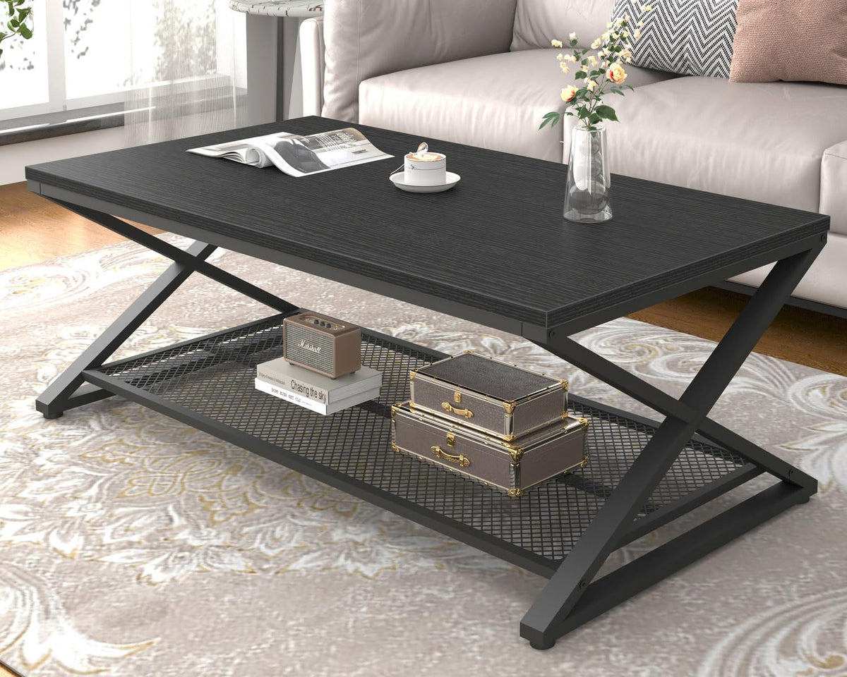 Black 2 Tier Wood Coffee Table with Storage M2574