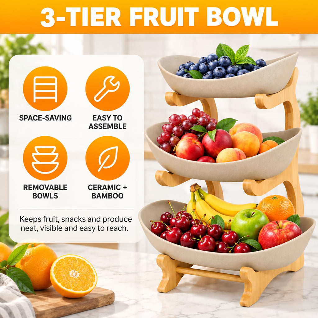3 Tier Ceramic Fruit Basket with Bamboo Stand M222