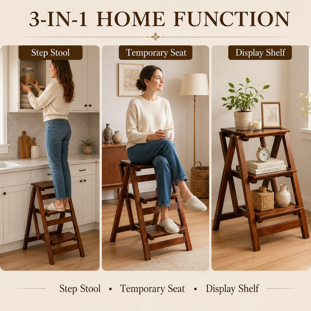 Solid Oak 3 Step Folding Ladder 330 lbs Capacity Wooden Step Stool L542