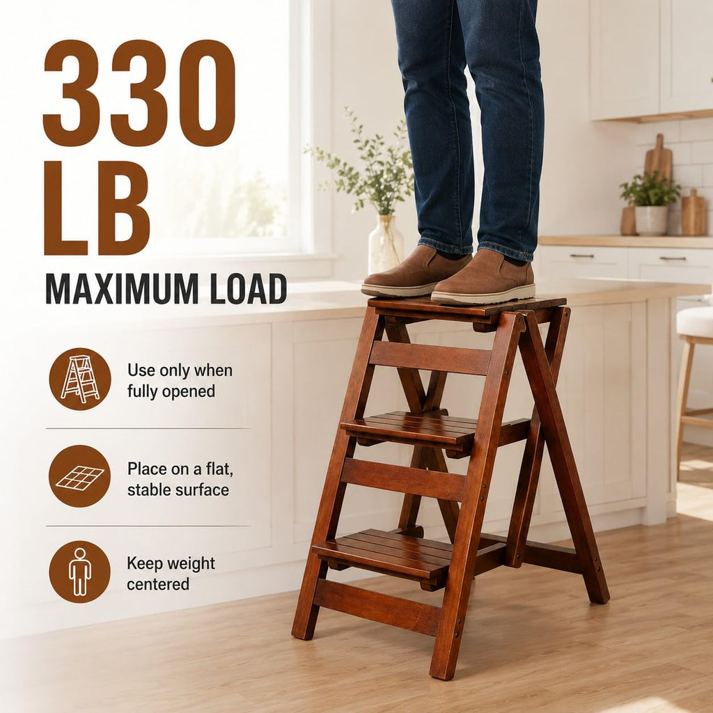 Solid Oak 3 Step Folding Ladder 330 lbs Capacity Wooden Step Stool L542