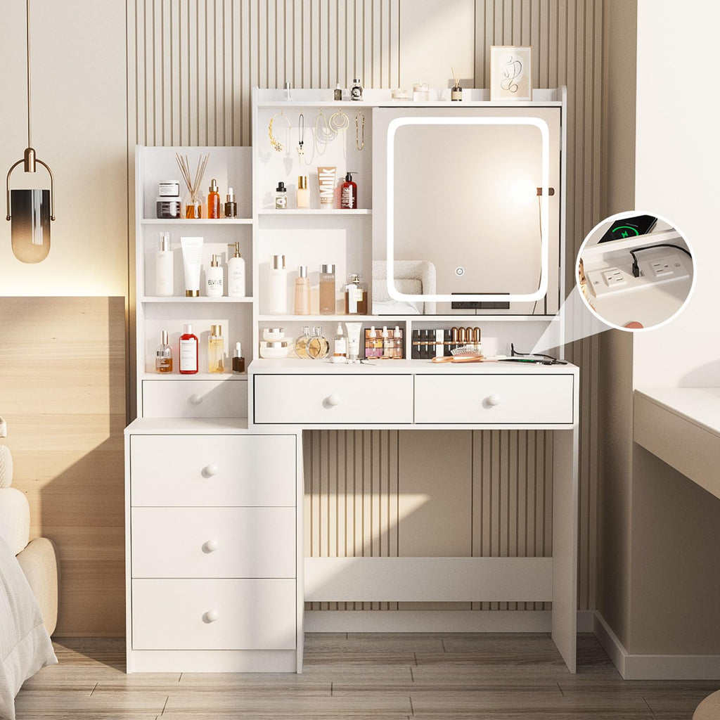 White Vanity Desk with Lighted Mirror and 6 Drawers H8674