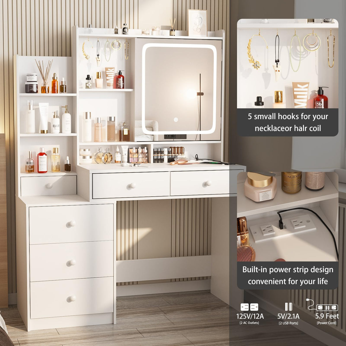 White Vanity Desk with Lighted Mirror and 6 Drawers H8674