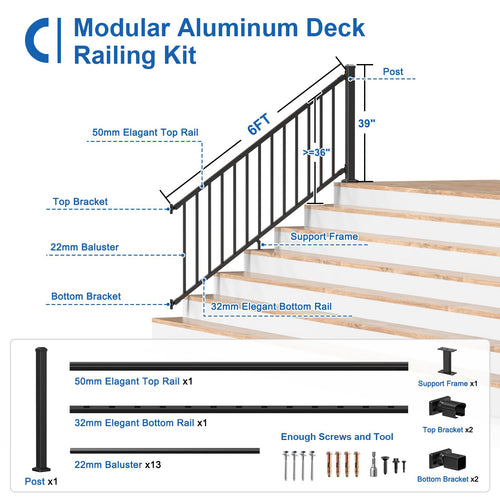 1 Pack 36 in. H x 6 ft. W Aluminum Stair Railing Kit with Post Y45654