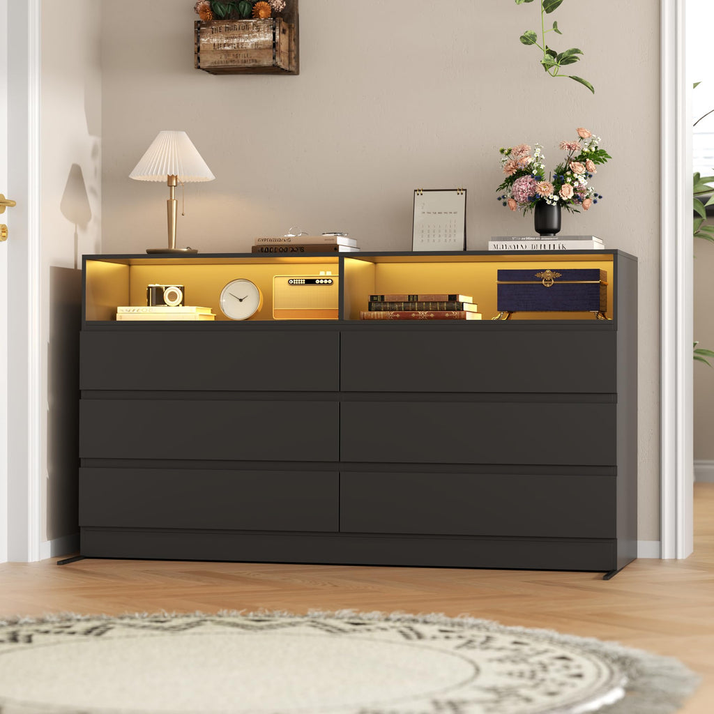 Black 6 Drawer Wood Dresser C3418