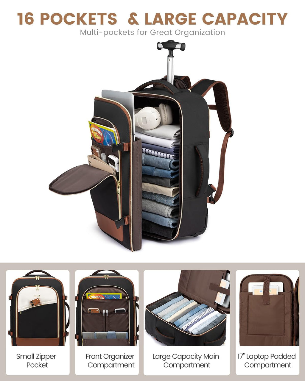 Rolling Backpack with Wheels, 17 Inch 57L Water Resistant F2554