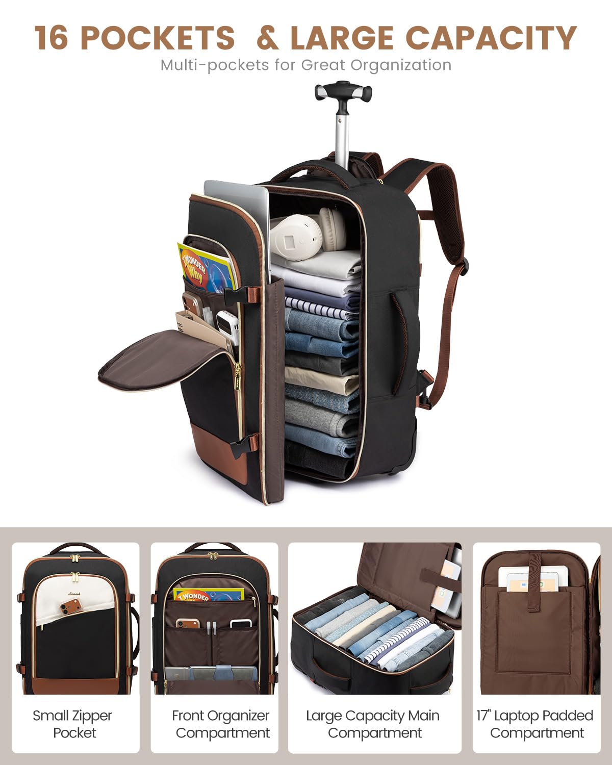 Rolling Backpack with Wheels, 17 Inch 57L Water Resistant F2554