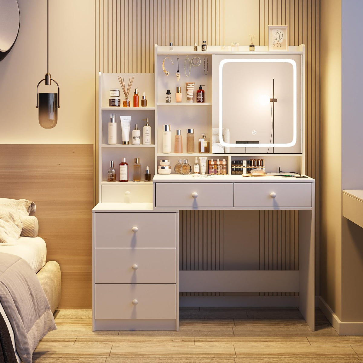 White Vanity Desk with Lighted Mirror and 6 Drawers H8674