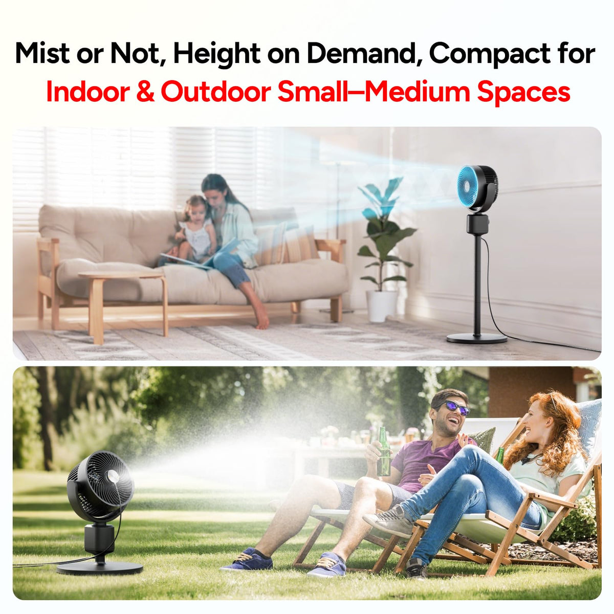 Compact Misting Pedestal Fan with Magnetic Mister, Quiet Air Circulator Standing Fan, 16-34" Adj. Height, 70°Auto-Oscillation, 3 Speeds C4347