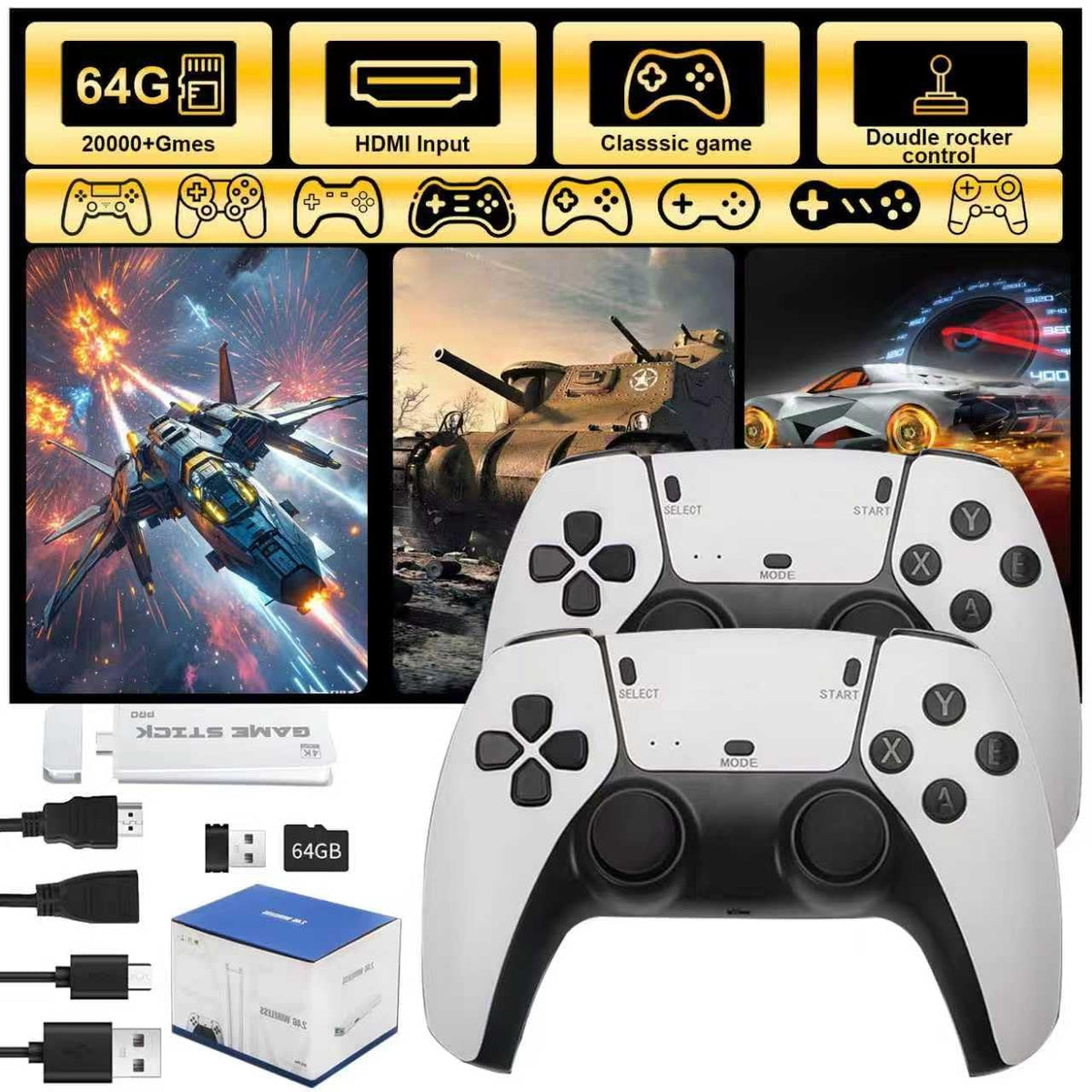 4K HDMI Retro Gaming Console with 64GB TF Card and 2.4G Wireless Controllers O956