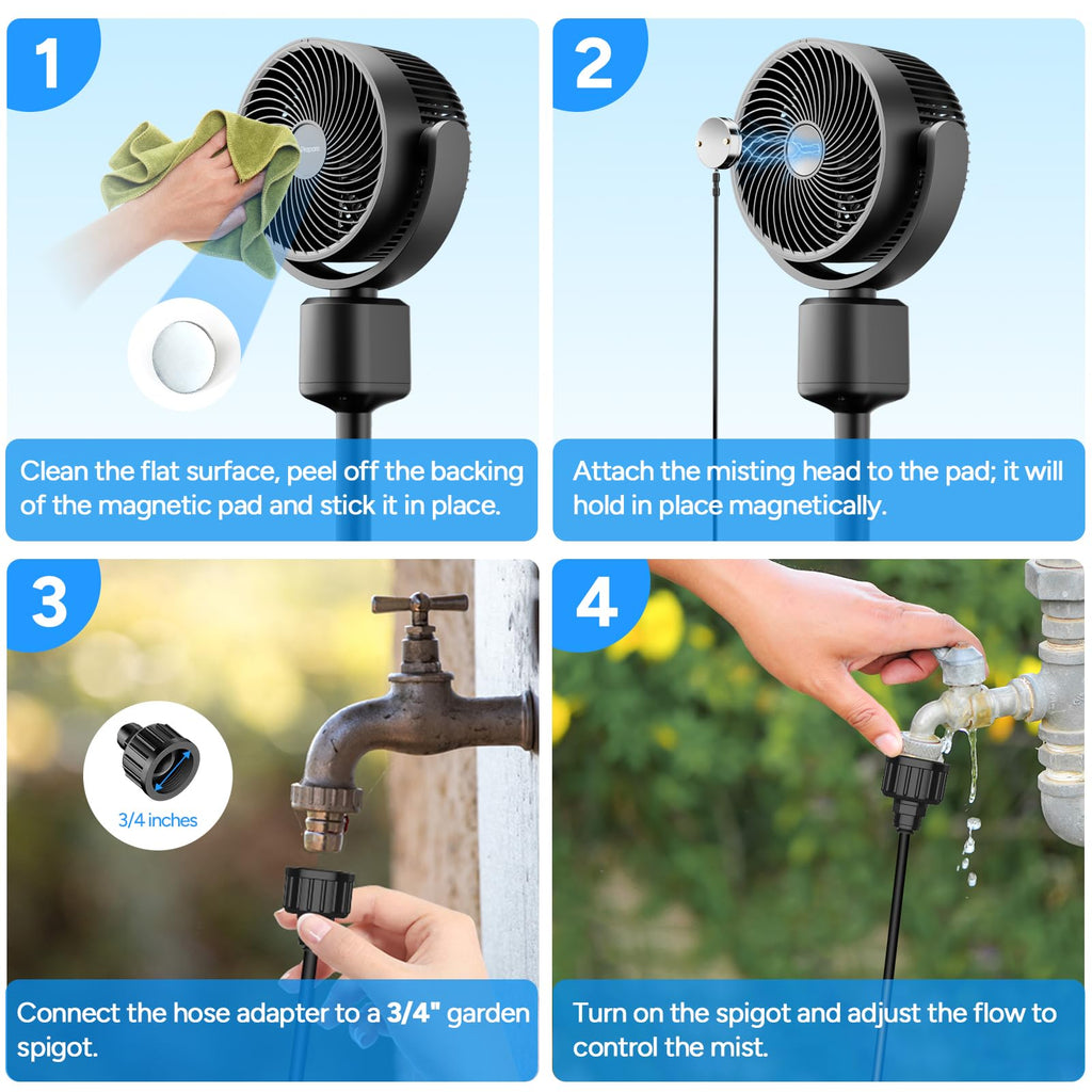 Compact Misting Pedestal Fan with Magnetic Mister, Quiet Air Circulator Standing Fan, 16-34" Adj. Height, 70°Auto-Oscillation, 3 Speeds C4347