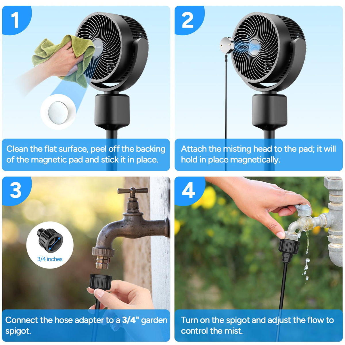 Compact Misting Pedestal Fan with Magnetic Mister, Quiet Air Circulator Standing Fan, 16-34" Adj. Height, 70°Auto-Oscillation, 3 Speeds C4347