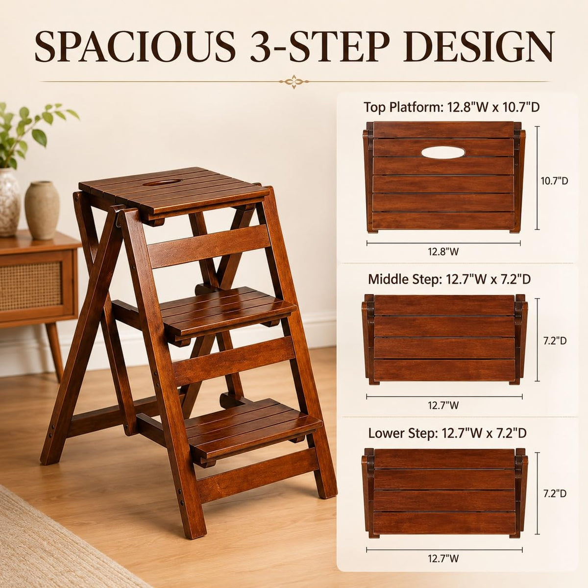 Solid Oak 3 Step Folding Ladder 330 lbs Capacity Wooden Step Stool L542