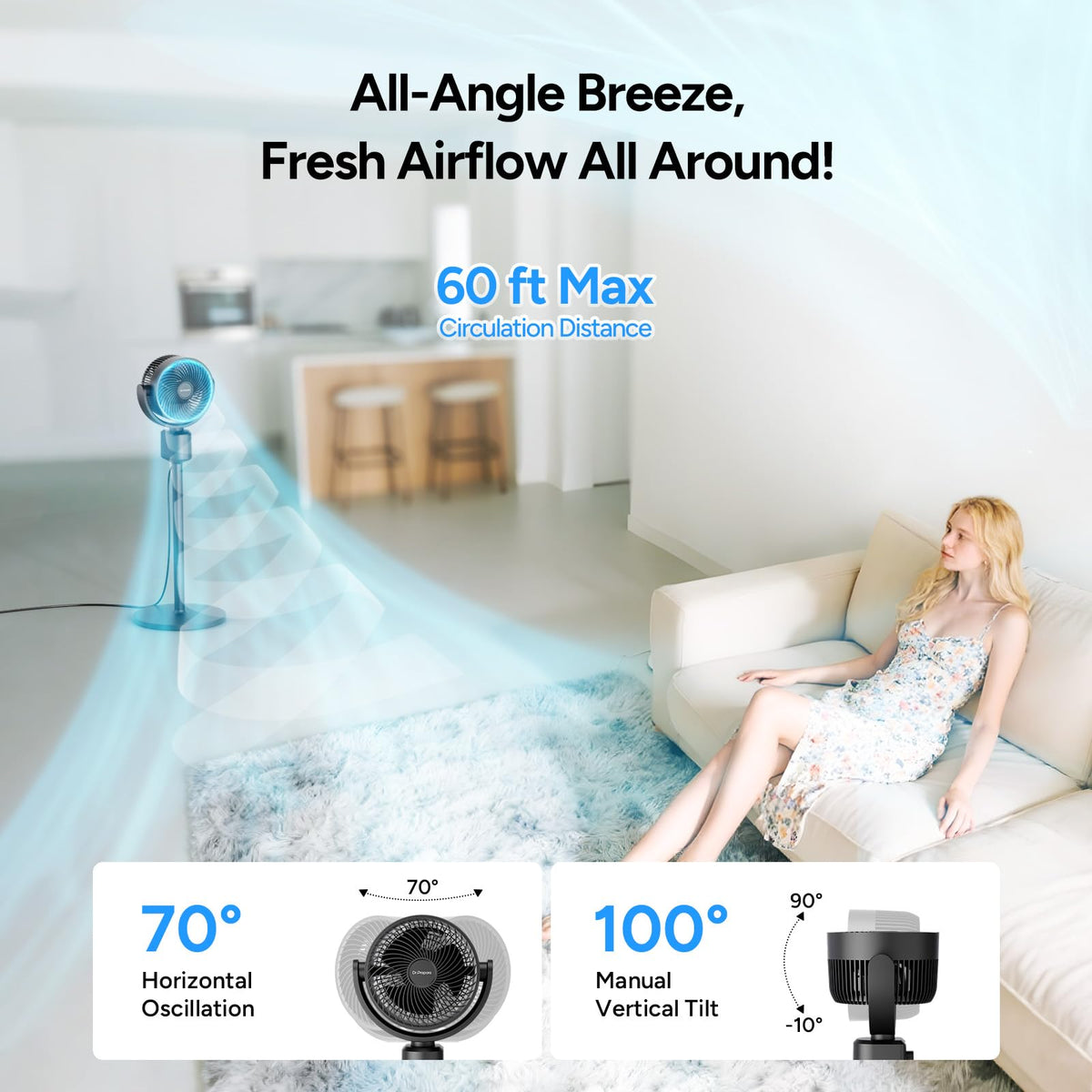 Compact Misting Pedestal Fan with Magnetic Mister, Quiet Air Circulator Standing Fan, 16-34" Adj. Height, 70°Auto-Oscillation, 3 Speeds C4347