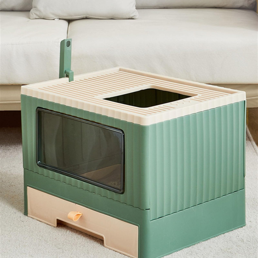 Top Entry Cat Litter Box with Lid Foldable Green M621039