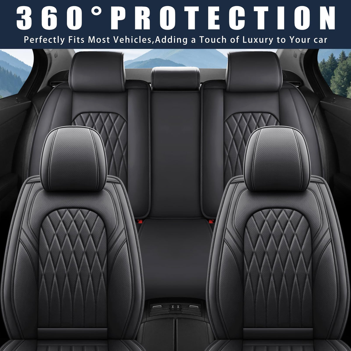 Black Faux Leather Car Seat Cover Full Set Z4329