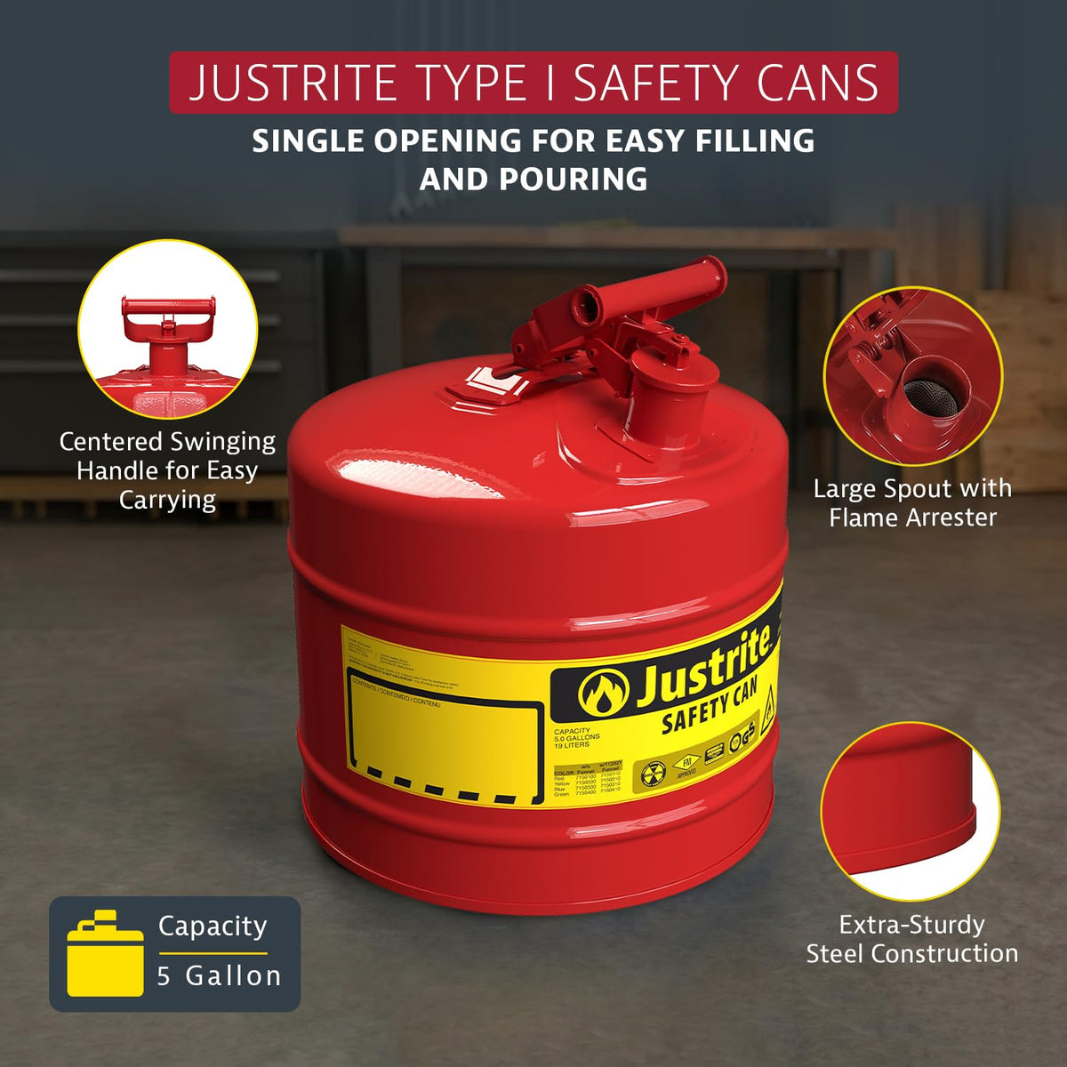Red Galvanized Steel Gasoline Safety Can Z140992