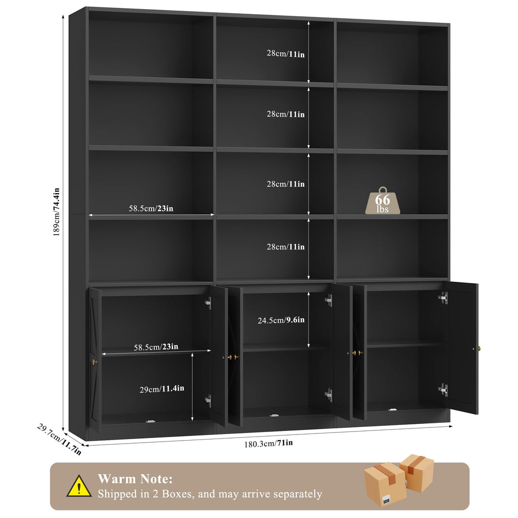 75" Tall Black Bookshelf with 6 Doors M511016
