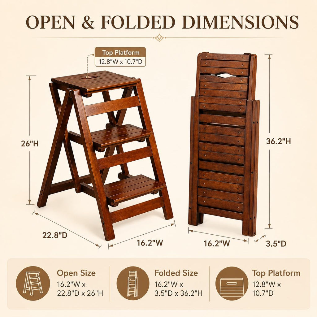 Solid Oak 3 Step Folding Ladder 330 lbs Capacity Wooden Step Stool L542