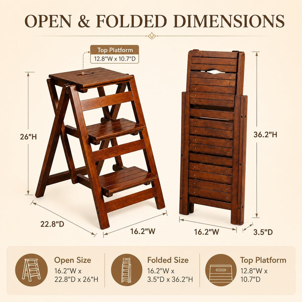 Solid Oak 3 Step Folding Ladder 330 lbs Capacity Wooden Step Stool L542