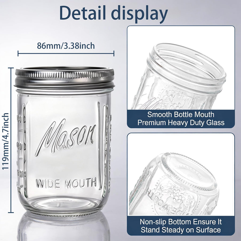 12 Pack 16 oz Wide Mouth Glass Mason Jars with Lids E2734