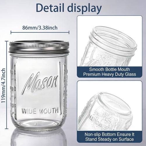 12 Pack 16 oz Wide Mouth Glass Mason Jars with Lids E2734