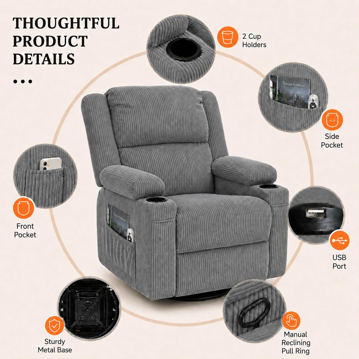 Grey Swivel Rocker Recliner N946