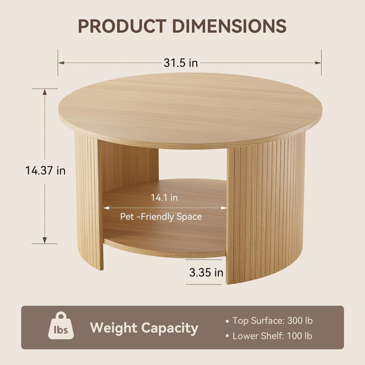 31.5" Round Wood Coffee Table with Storage P43636