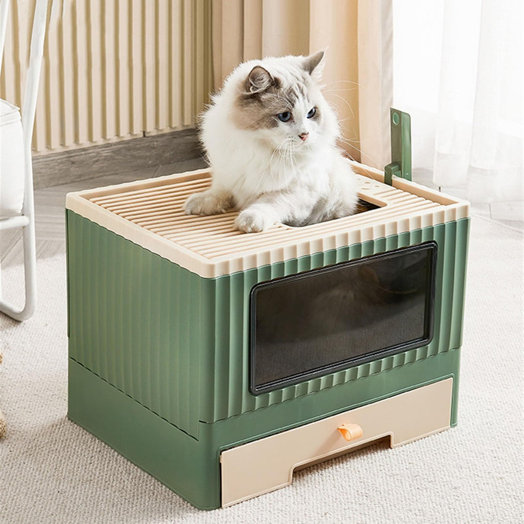 Top Entry Cat Litter Box with Lid Foldable Green M621039