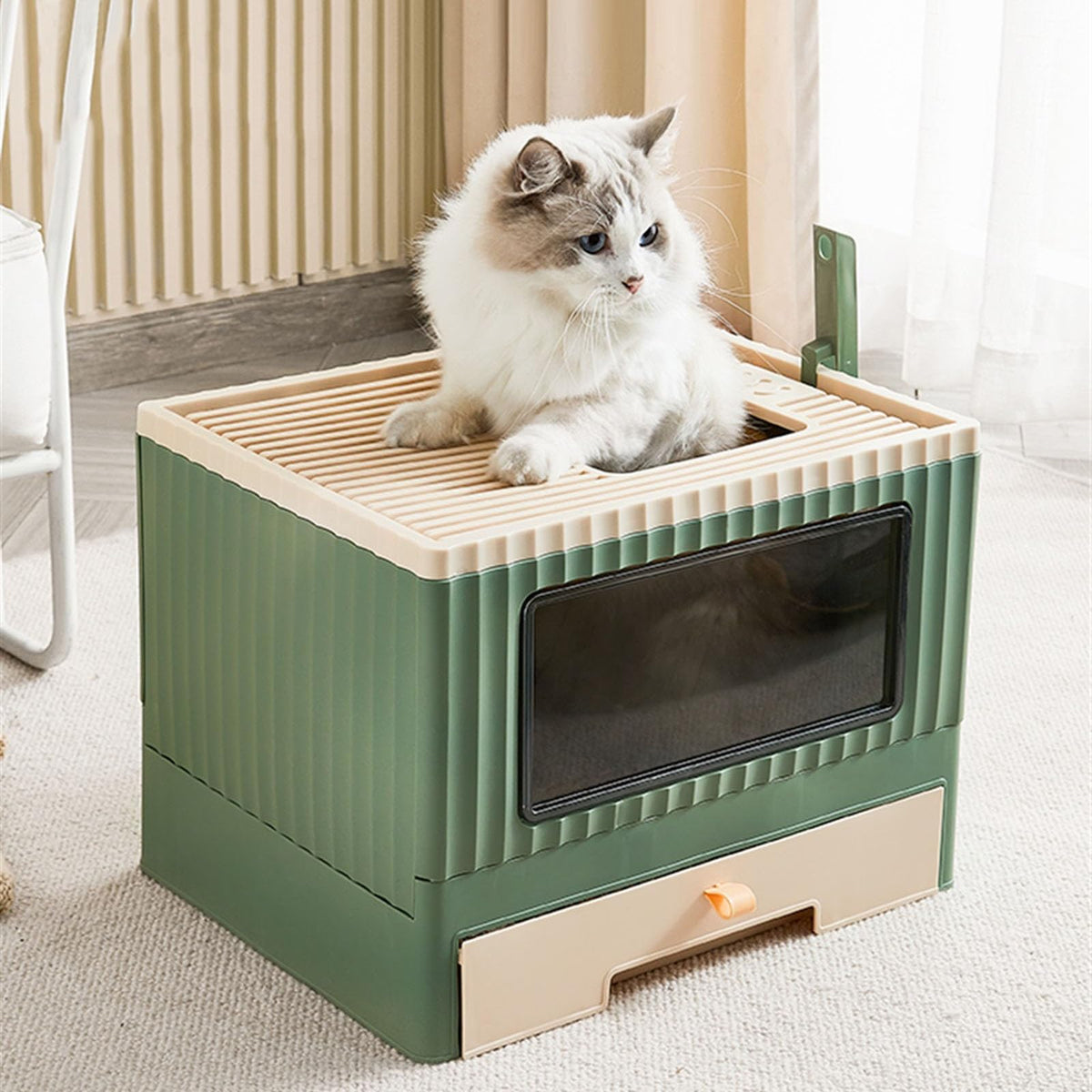 Top Entry Cat Litter Box with Lid Foldable Green M621039