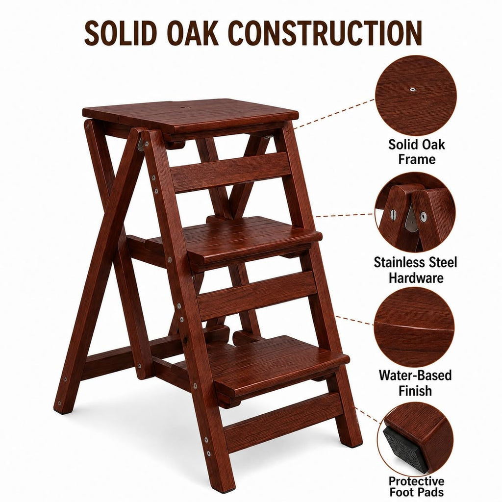 Solid Oak 3 Step Folding Ladder 330 lbs Capacity Wooden Step Stool L542