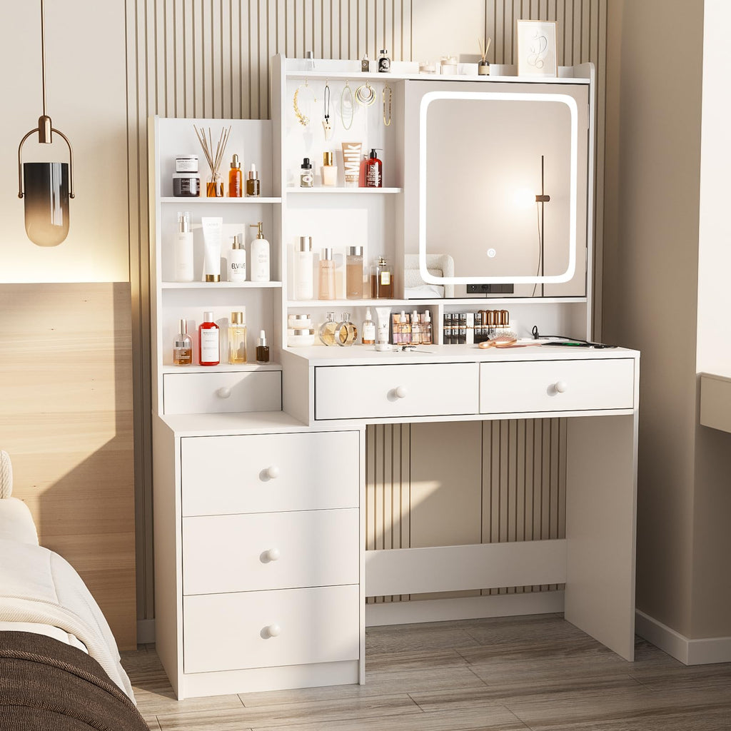 White Vanity Desk with Lighted Mirror and 6 Drawers H8674