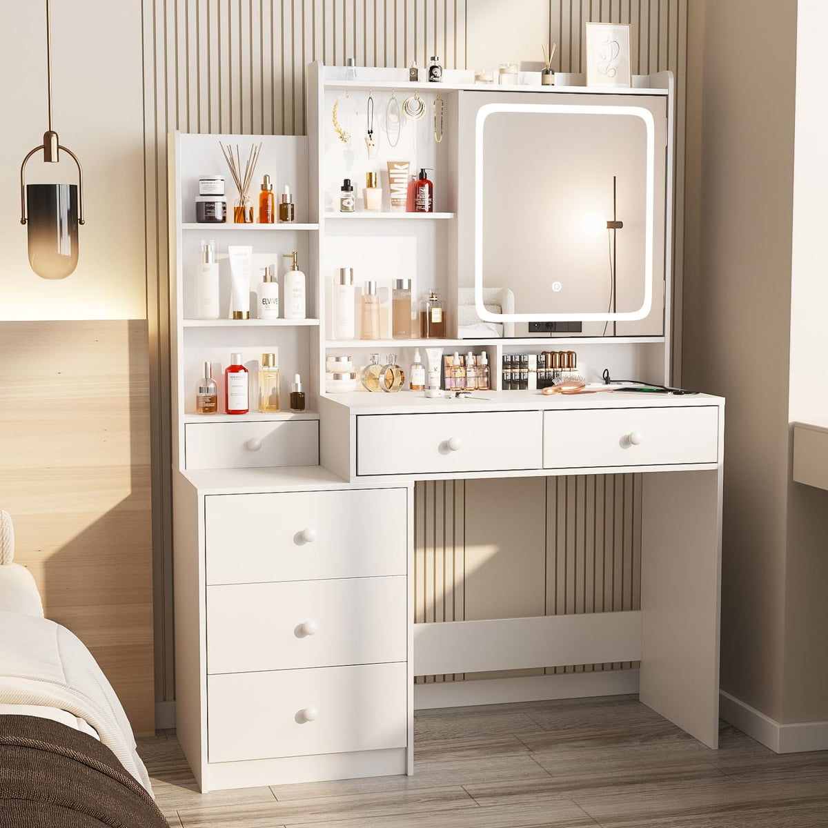 White Vanity Desk with Lighted Mirror and 6 Drawers H8674
