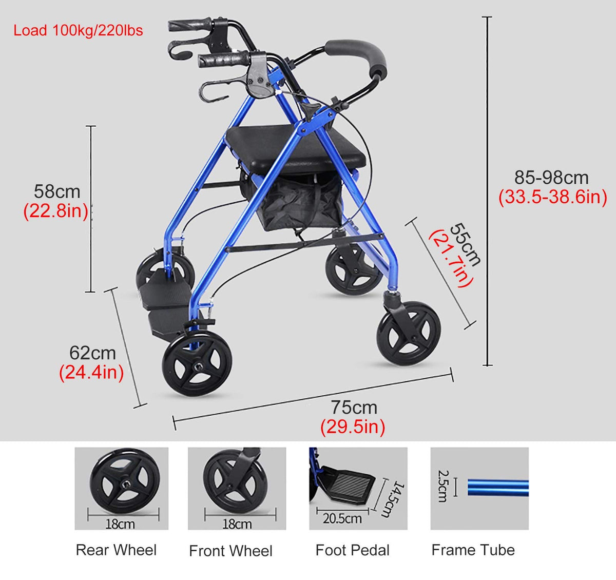 Blue Rolling Walker with Seat Basket Brakes R282416