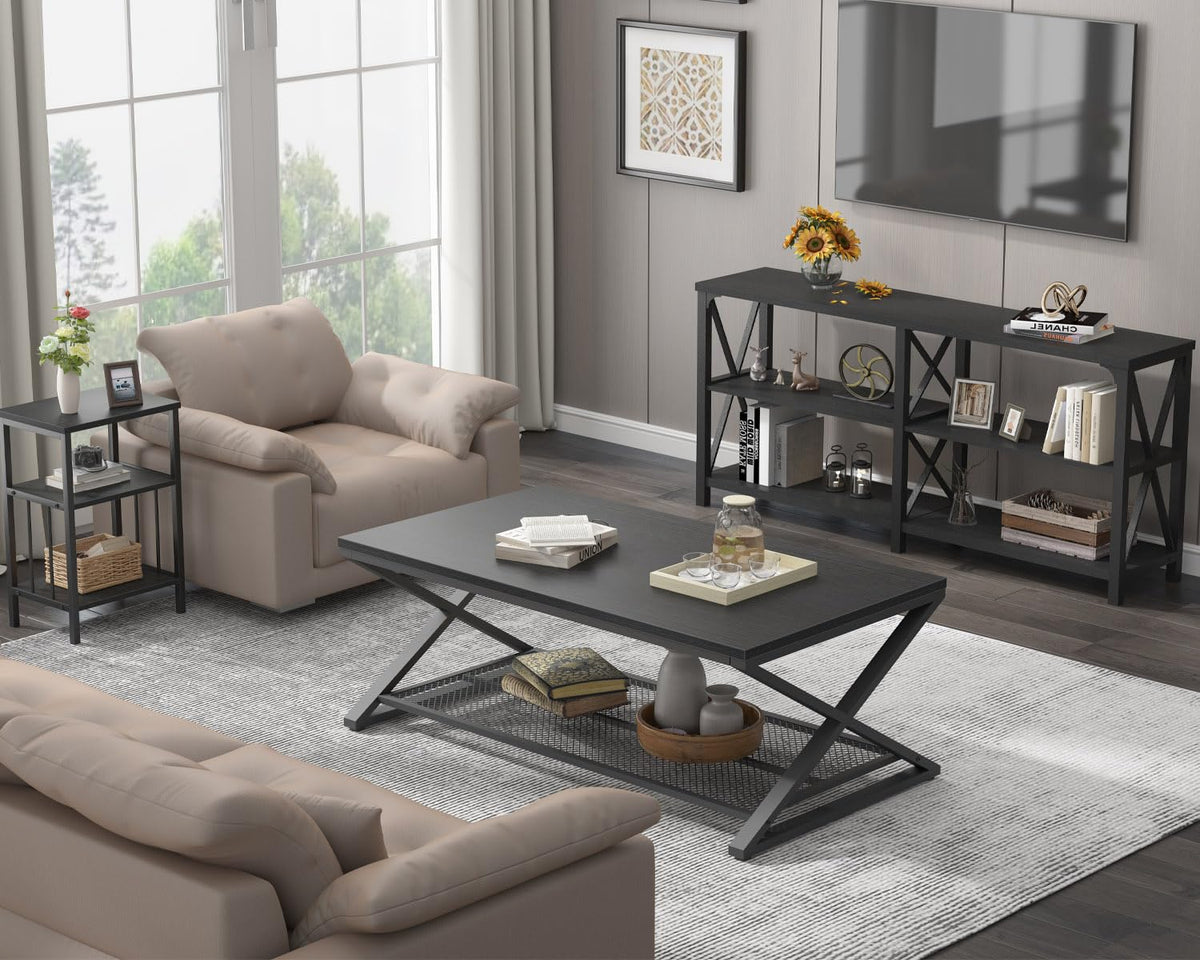 Black 2 Tier Wood Coffee Table with Storage M2574